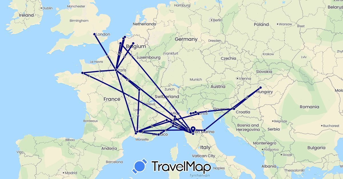 TravelMap itinerary: driving in Belgium, France, United Kingdom, Croatia, Hungary, Italy, Netherlands (Europe)